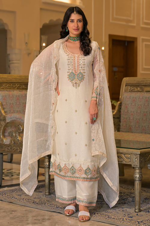 White Satin Designer Embroidered Readymade Salwar Suit