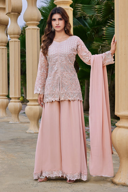 Peach Faux Georgette Function Wear Palazzo Salwar Kameez