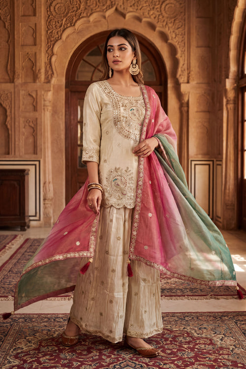 Cream Embroidered Viscose Silk Palazzo Salwar Suit