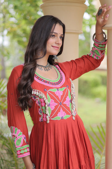 Rust Cotton Traditional Embroidered Anarkali Gown