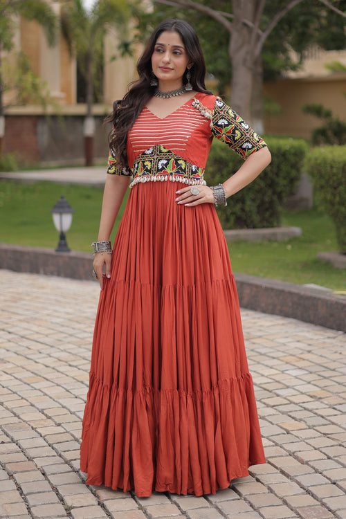 Vibrant Rust Traditional Kutchi Embroidered Anarkali Gown