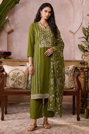 Green Fancy Embroidered Straight Cut Salwar Suit