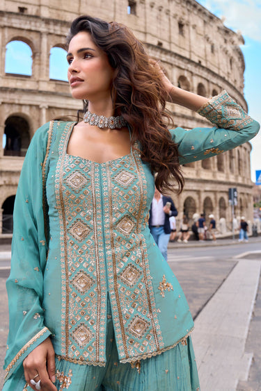 Heritage Cyan Heavy Chinon Silk Wedding Wear Palazzo Suit