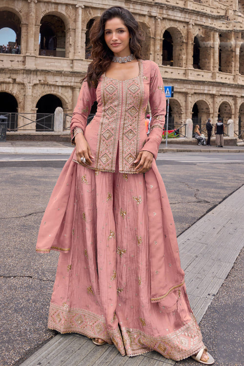 Elegant Pink Chinon Silk Palazzo Salwar Kameez