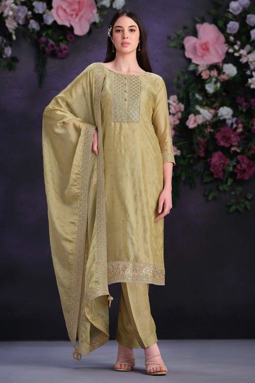 Elegant Beige Embroidered Straight Cut Suit With Dupatta