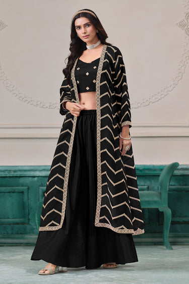 Royal Black Embroidered Jacket Style Palazzo Suit