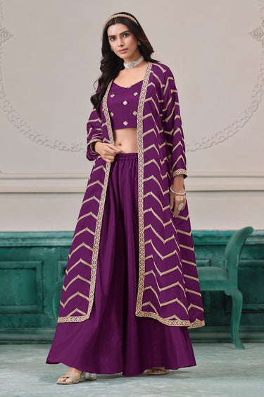 Purple Zigzag Embroidered Indo Western Suit With Jacket