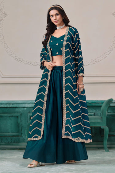 Designer Teal Function Wear Palazzo With Long Jacket