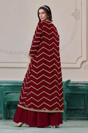 Maroon Premium Embroidered Function Wear Palazzo Suit With Jacket