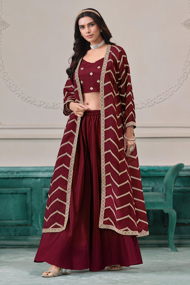 Maroon Premium Embroidered Function Wear Palazzo Suit With Jacket