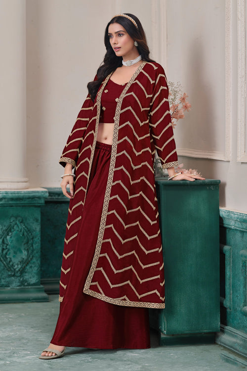 Maroon Premium Embroidered Function Wear Palazzo Suit With Jacket