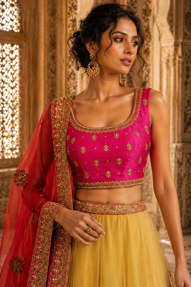 Retro Yellow Heavy Embroidered Net And Crepe Bridal Lehenga Choli