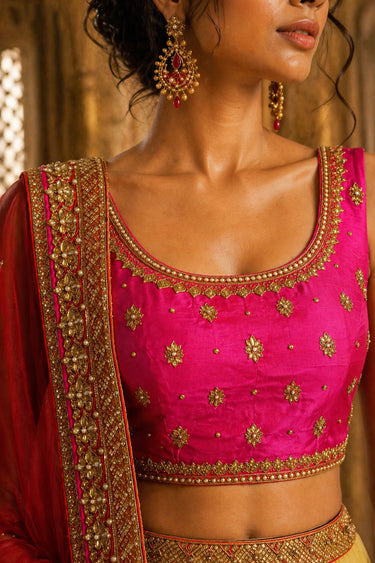 Retro Yellow Heavy Embroidered Net And Crepe Bridal Lehenga Choli