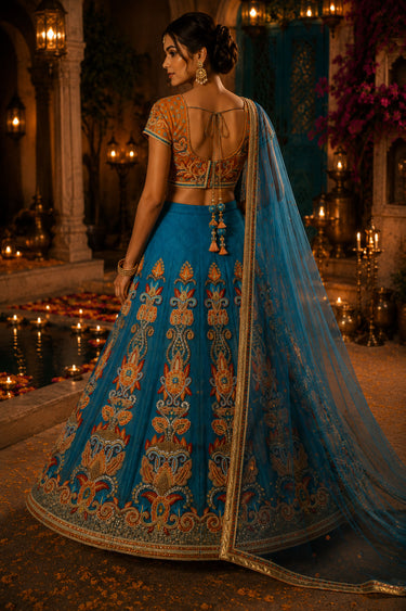 Sky Blue Heavy Hand Embroidered Net And Crepe Wedding Lehenga Choli