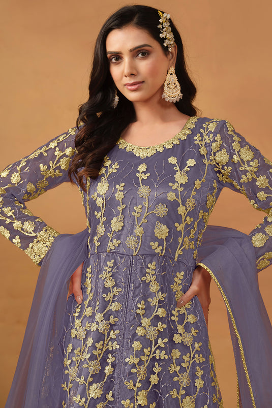 Purple Color Net Fabric Alluring Embroidered Anarkali Suit