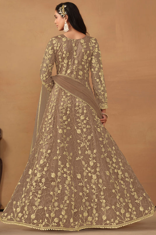 Net Fabric Chikoo Brown Color Embroidered Elegant Anarkali Suit