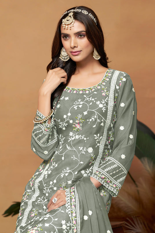 Grey Color Organza Fabric Tempting Embroidered Salwar Suit