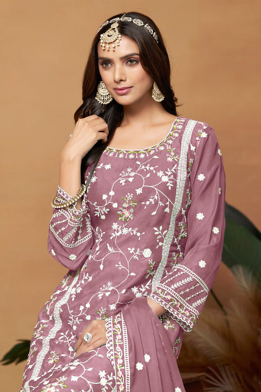 Charming Pink Color Organza Fabric Embroidered Salwar Suit
