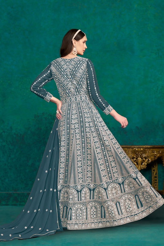 Engaging Teal Color Georgette Fabric Embroidered Anarkali Suit