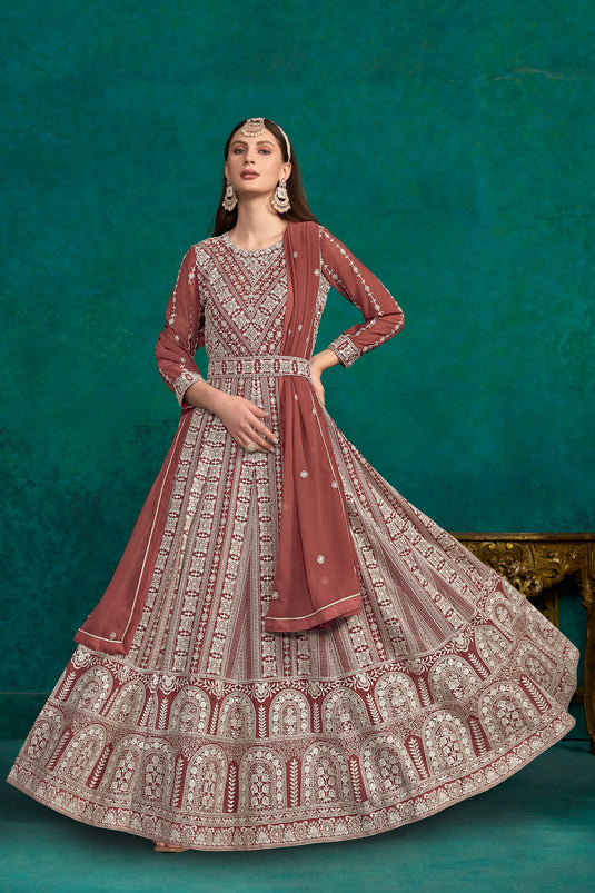 Classic Maroon Color Embroidered Anarkali Suit In Georgette Fabric