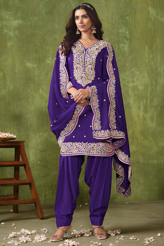 Engaging Purple Color Art Silk Fabric Festive Wear Salwar Suit