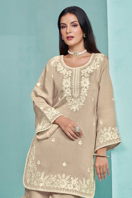 Beige Color Art Silk Fabric Embroidered Classic Sharara Suit