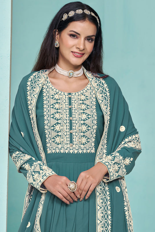 Teal Color Georgette Fabric Festive Style Classic Palazzo Suit