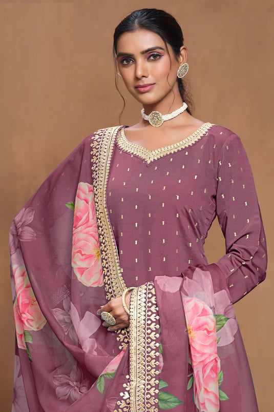 Tempting Art Silk Fabric Purple Color Palazzo Suit With Floral Design Dupatta