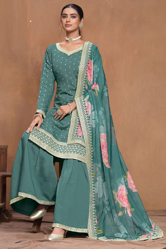 Engaging Teal Color Art Silk Fabric Palazzo Suit With Floral Design Dupatta