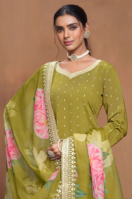 Classic Green Color Palazzo Suit With Floral Design Dupatta In Art Silk Fabric