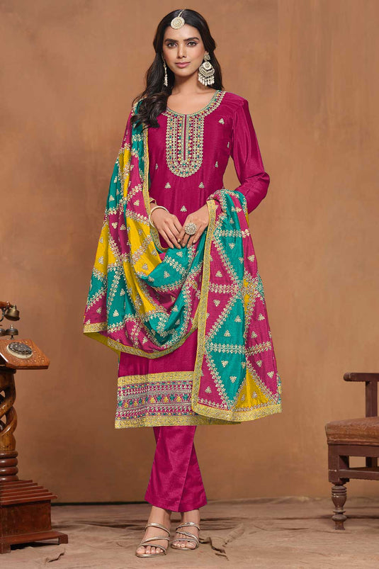 Chinon Fabric Magenta Color Festive Wear Elegant Salwar Suit