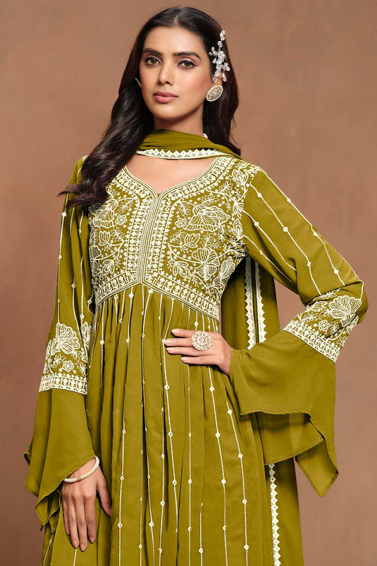 Tempting Georgette Fabric Mehendi Green Color Embroidered Palazzo Suit