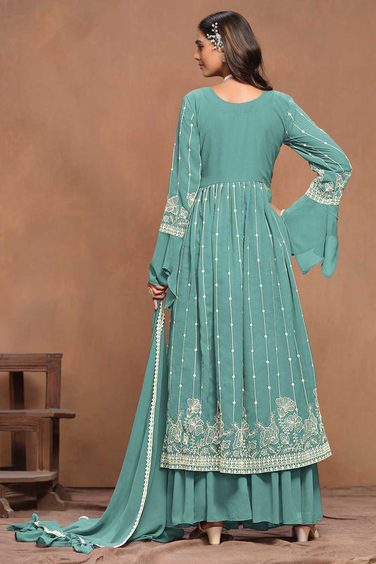 Classic Light Cyan Color Embroidered Palazzo Suit In Georgette Fabric