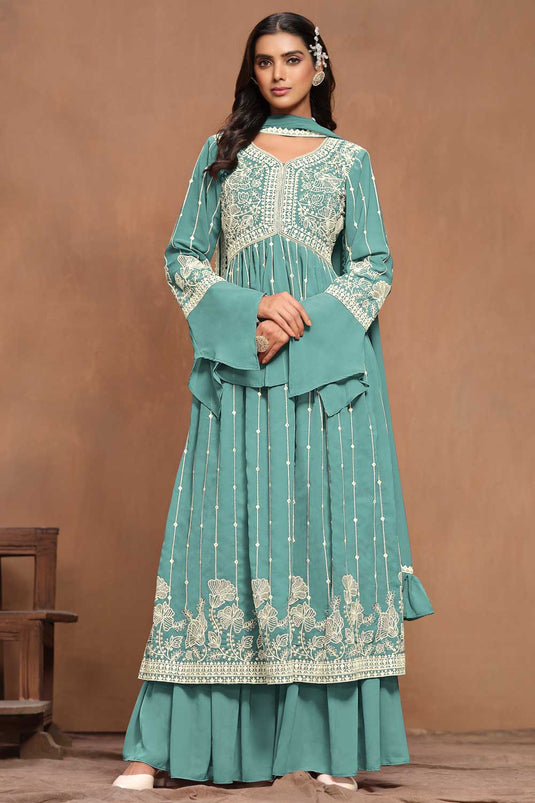 Classic Light Cyan Color Embroidered Palazzo Suit In Georgette Fabric