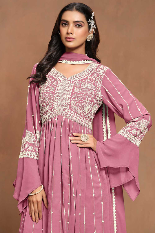 Georgette Fabric Pink Color Embroidered Trendy Palazzo Suit