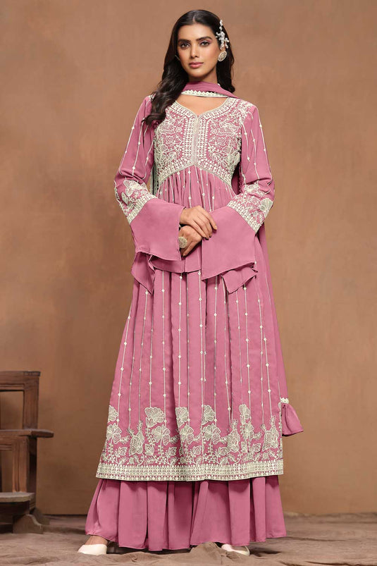 Georgette Fabric Pink Color Embroidered Trendy Palazzo Suit