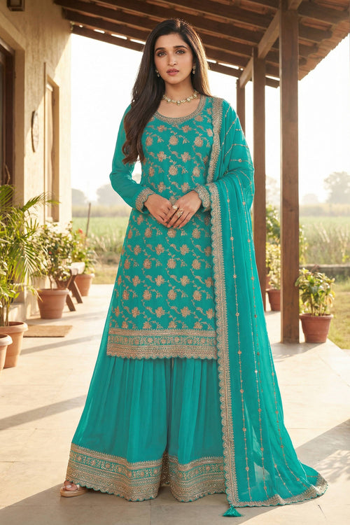 Nidhi Shah Chinon Fabric Embroidered Teal Readymade Palazzo Salwar Kameez
