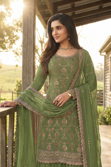 Nidhi Shah Embroidered Chinon Green Readymade Palazzo Salwar Kameez