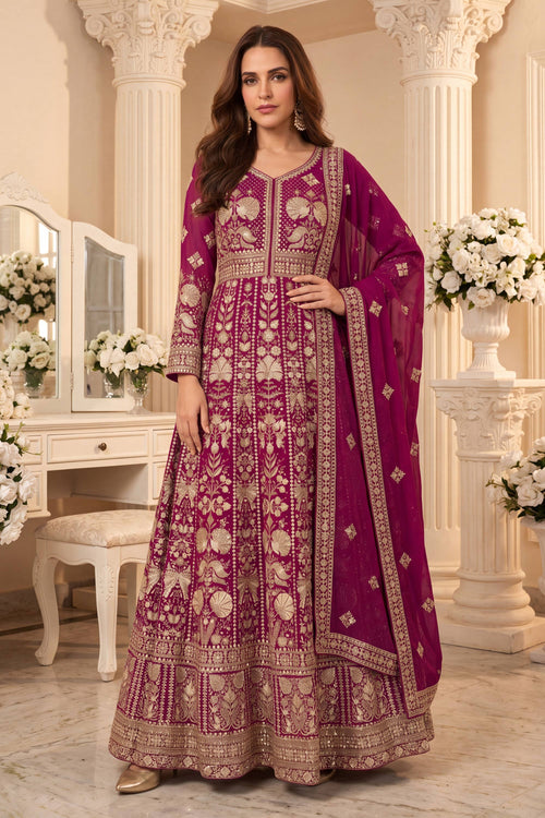 Georgette Magenta Embroidered Readymade Anarkali Salwar Suit