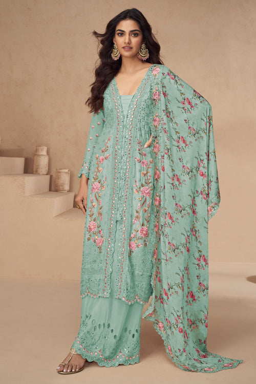 Cyan Chinon Silk Palazzo Suit