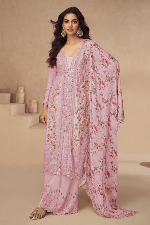 Trendy Pink Color Chinon Silk Fabric Palazzo Salwar Suit