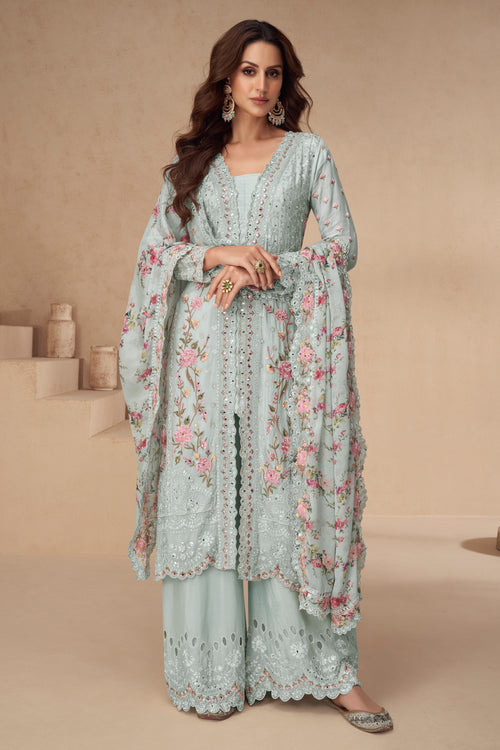 Chinon Silk Palazzo Salwar Suit In Light Cyan Color