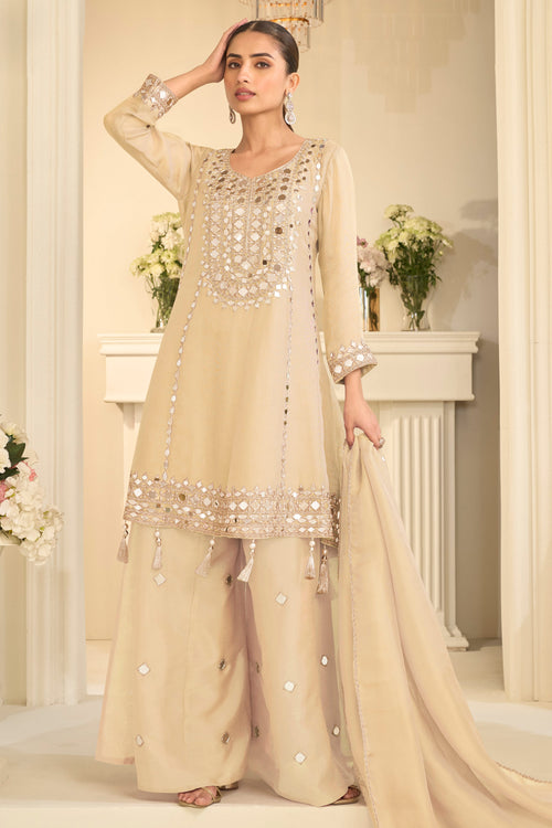 Art Silk Beige Mirror Work Designer Readymade Palazzo Suit
