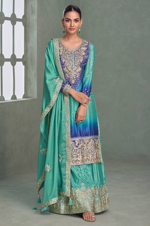 Cyan Designer Readymade Palazzo Salwar Kameez