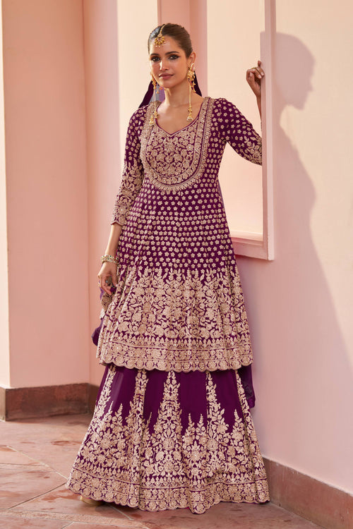 Embroidered Georgette Purple Wedding Wear Readymade Sharara Top Lehenga