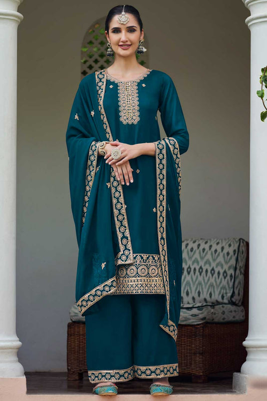 Engaging Teal Color Georgette Fabric Embroidered Palazzo Suit