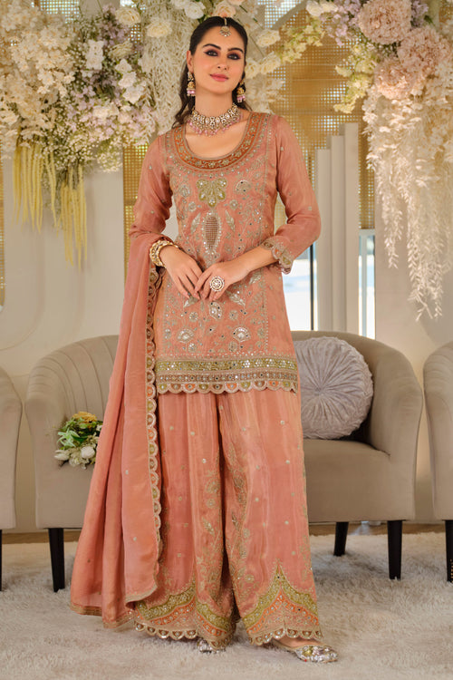 Sequins Embroidered Peach Art Silk Readymade Palazzo Set