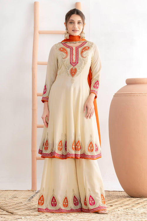 Chinon Fabric With Embroidery Work Beige Color Readymade Palazzo Suit