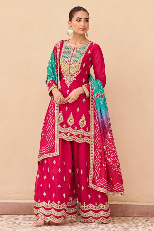 Chinon Silk Rani Embroidered Readymade Palazzo Suit With Neck Dupatta