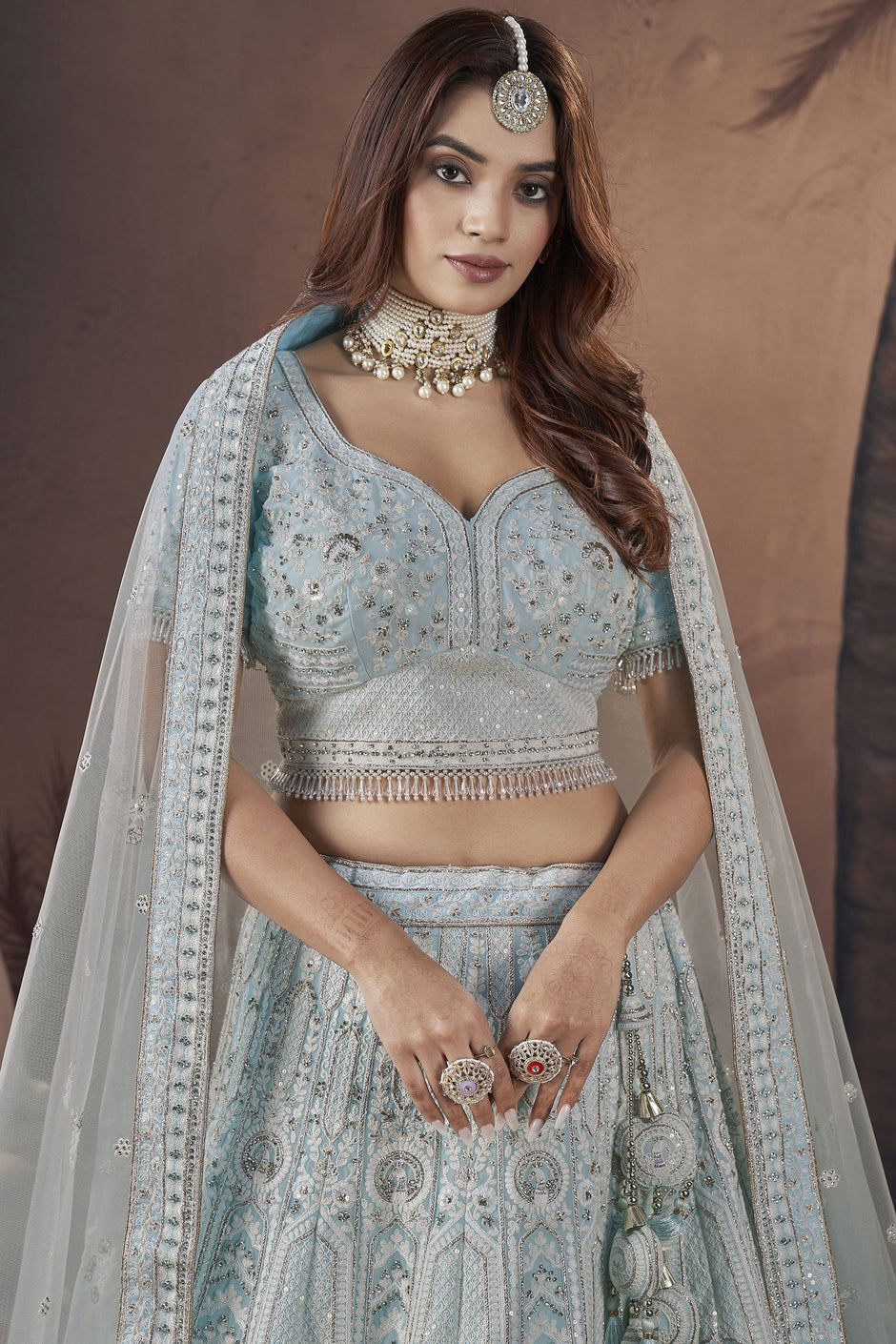 Sky Blue Lehenga style Suit Faux Georgette
